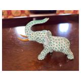 Hungary hand painted porcelain elephant, green and white 5” x 4”