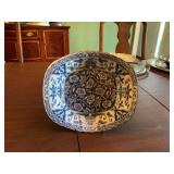 Andrea by Sadek Blue and white scalloped edged bowl  9” x 8”. The hairline crack on back is unnoticeable from front.