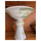 7 1/2 x 7 1/2 pottery footed bowl signed Rice, green and beige