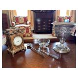Mixed decor pieces; Rogers Italy candle snuff, stainless steel letter opener, 8 x 8 1/2 metal vase