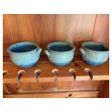 Three pottery bean/soup bowls blue and green