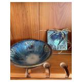 7 1/4” x 2 1/2” blue Bledsoe pottery bowl and a Faith hanger by Tab Boren