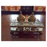 Vintage Brass and Crystal double ink well desk set