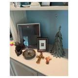 Seven piece grouping of decor. The picture frame is 11 x 13, the metal tree is 13 1/2 inches tall and the little boy with the apple is 5“ x 7“ tall. The pottery bowl is 6 inches round and the Tab 