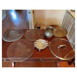 ZWILLING Hinkel 13 inch lid, a 11 inch handle handled brass tray, a pewter pitcher and 4 ￼Christmas serving pieces