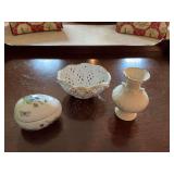 Three pieces of decor.. 4 inch egg shaped Limoges (France) dresser box with Violets, 4 1/2 inch gold trimmed Lenox vase, and a 5 1/2 inch bowl