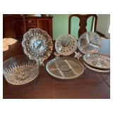 Group of glass divided trays and bowls with a vintage egg tray
