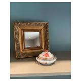 10 1/2 x 10 1/2“ gold mirror with red undertones and a HEREND hand painted dresser bowl(Hungary) 5 1/2” x 4”