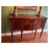 Beautiful Inlaid Mahogany Hepplewhite Buffet with brass back rail 49“ x 22“ x 37 1/2“. Content not included. See description
