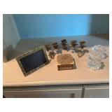 Brass candle holder 10” x 3”, a picture frame, wooden inlaid box and two glass candle holders