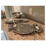 3 pewter serving pieces. The lobster tray  is 22” x 13”., The oblong handled tray is 23” x 8” and the bowl is 11 1/2” x 11 1/2” x 5 1/2”
