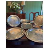 Eight pieces of silver plated, serving trays and dishes