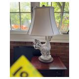 Concrete rooster lamp does need a new shade. 12” x 27”.