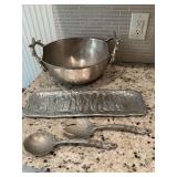 Arthur Court salad spoon and fork set, 18” x 6” elephant serving tray, and a 15” x 13” x 5 1/2” serving bowl