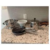 Faberwear 2 1/2 quart double boiler, two strainers and three skillets