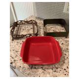Red Belaverra 9” x 9” baking dish with two casserole holders