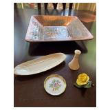 Herond handpainted rose, does have one chip on back leaf, Lenox  salt shaker and butter tray, and a herond floral dish and copper tray 14 1/2” x 14 1/2”