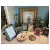 Group of decor pieces as shown, the green metal candle holder is 11 inches tall. The topiary picture is 12“ x 14“, the Howard Miller gold clock is 4“ x 5 1/2“ and the little brass frame is 3 1