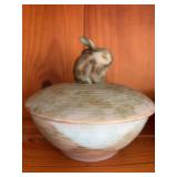 Covered green pottery dish with rabbit lid 7“ x 5 1/2“