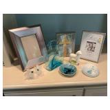 Grouping of decor pieces; the pottery dish is 4 inches round,the department 56 lamb is 3” x 4”