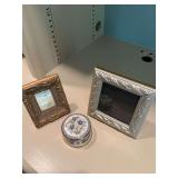 Staffordshire Falcon China floral dresser box with two picture frames