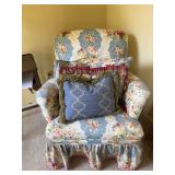 Blue and white floral chair 29” x 28“ x 34“. The seat is 18 inches from floor.