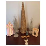 Grouping of miscellaneous Christmas;  the gold tree is 24 inches tall the silver and gold trees are 16 and 14 inches tall