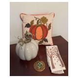 Small grouping of fall decor with a Tab Boren pottery ornament. Ceramic pumpkin is 8” x 9 1/2”