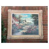 Golden and cream framed oil  painting on canvas of florals and cottages 38“ x 31“ 3 inches thick see photos for frame condition