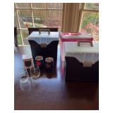 Three file cabinets, three insulated cups and two FedEx family house stemless wine glasses