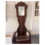 Antique Hall tree with storage in seat 28” x 14 1/2” x 77” with an umbrella stand on the side ￼