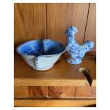 5 1/2“ x 3“  Blue pottery Loving Cup by T R Gill- Red Banks, Mississippi and a blue and white  5 x 4“ rooster