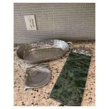 Pewter basket weave tray 18” x 9 1/2” x 2 1/2”, a rabbit server tray 7 x 7“ and a marble and aluminum rabbit server/ cutting board
