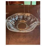 Fostoria Willowmere pattern glass handled bowl with etched roses 14” x 11” x 3 1/4”