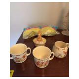 Vintage three-piece Royal Doulton Bunnykin toddler set with a porcelain bunny on basket and basket grass