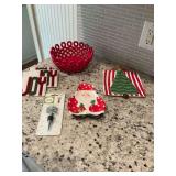 9 inch porcelain Italian basket weave bowl,  a Mud Pie 7 x 7 1/2“ hanger of a tree , a 6 x 8 santa dish and a couple of Christmas items