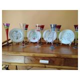 Christmas Dessert Plates & Champagne Flutes, ***ADDED 4 vintage Pier 1 Imports "Harlequin" or "Party" cordial glasses, SEE PICS***.