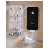 Apple iPhone 4s. 2 pair Apple EarPods with a 3.5mm headphone plug, and 1 vintage, original Apple Earphones with Remote and Mic in their original plastic packaging.