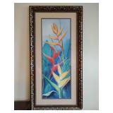 Mid-Century Hawaiian painting titled "Heliconia" by Hale Pua (Frank Oda). 44 1/4" T x 22 1/2" W. Wood frame trimmed in gold & silver border, has damage bottom right corner see pic.