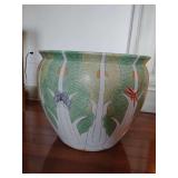 Porcelain fish bowl/planter, "bok choy" or cabbage leaf patterned ceramic jar, with lotus flowers inside, 15 1/2" T x 20" Across.