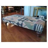 Kilim Rug Bench, Ottoman, decorative wooden legs, by Walter E. Smithe, 12" T x 49" L x 27 1/2" W, colors pink blue green.