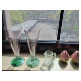 2 Carlo Moretti Murano pink and green glass champagne flutes, Heisey Colonial Hotel Creamer, Vintage Franciscan Desert Rose salt and pepper shaker set.