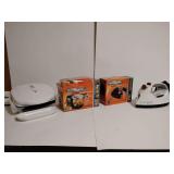 Small Appliances: George Foreman Small grilling machine, Proctor Silex 1 1/2 cup food chopper, New Proctor Silex 5 speed easy mixer, Black & Decker Steamxpress 660 iron. All untested.