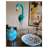 Turquoise flamingo statue 24" T paper mache one leg is cracked, a Japanese style vase, and an Italian ceramic plate from Deruta, featuring the traditional Arabesco pattern.