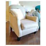 Classic lounge chair, Pottery Barn, featuring a curved back, upholstered arms, and a comfortable seat cushion. 31" W x 33" D x back height 35 1/2".