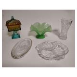 Glass: Vintage Jeannette Glass pedestal candy dish, "wedding box" or "wedding bowl," Vintage Green Opalescent glass console bowl, Vintage Lenox crystal star cut bud vase, Mikasa Studio Nova oval cryst