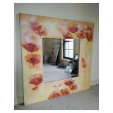 Square beveled mirror with hand-painted poppy flower design ,referred to as "Poppy Dreams". 43 1/2" x 43 1/2". Bassett Mirror Co.