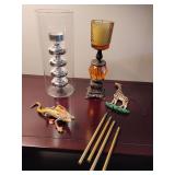 Ciel Collectables Lizard Trinket Box. Hand Painted Yellow/Peach Enamel with Austrian Crystals, Giraffe-themed wind chime, and 2 Candlesticks.