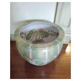 Porcelain fish bowl/planter, "bok choy" or cabbage leaf patterned ceramic jar, with lotus flowers inside, 15 1/2" T x 20" Across.