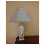 Crystal table lamp, cut pattern like the Finn design on a brass base. 26 1/2"T, cloth shade